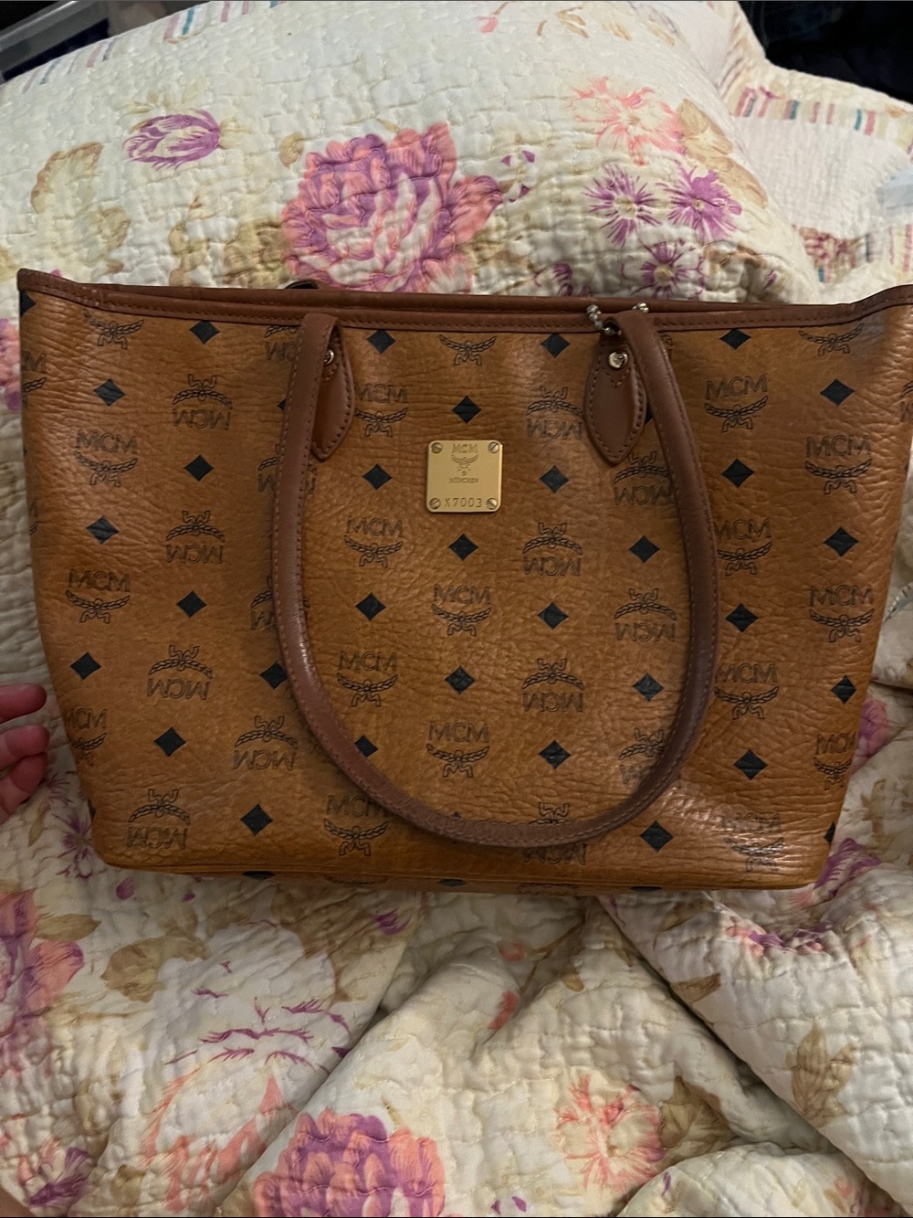 MCM Visetos Cognac Leather Tote Bag